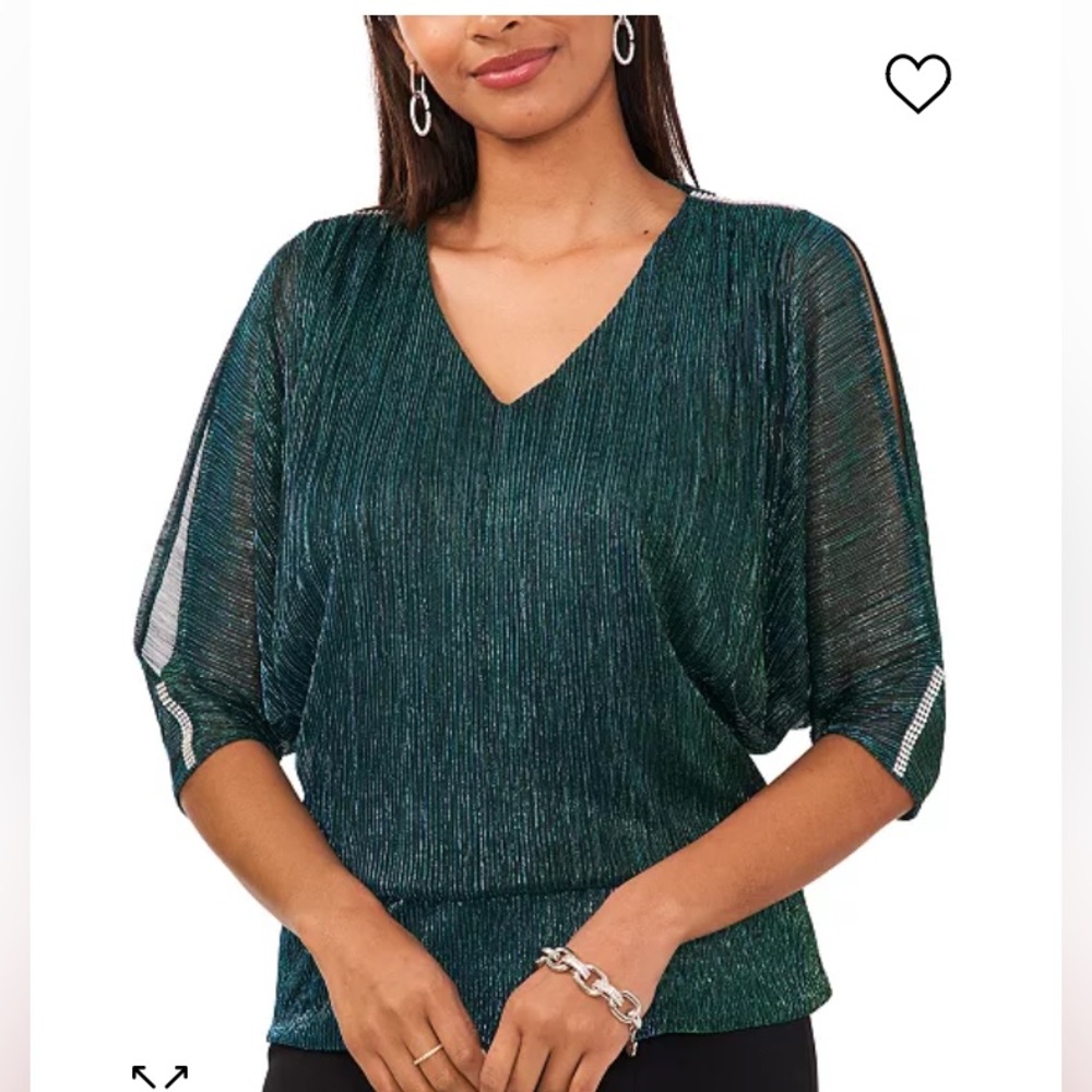 Chaus New York woman’s metallic blouse split sleeve, V-neck, banded hem blouse